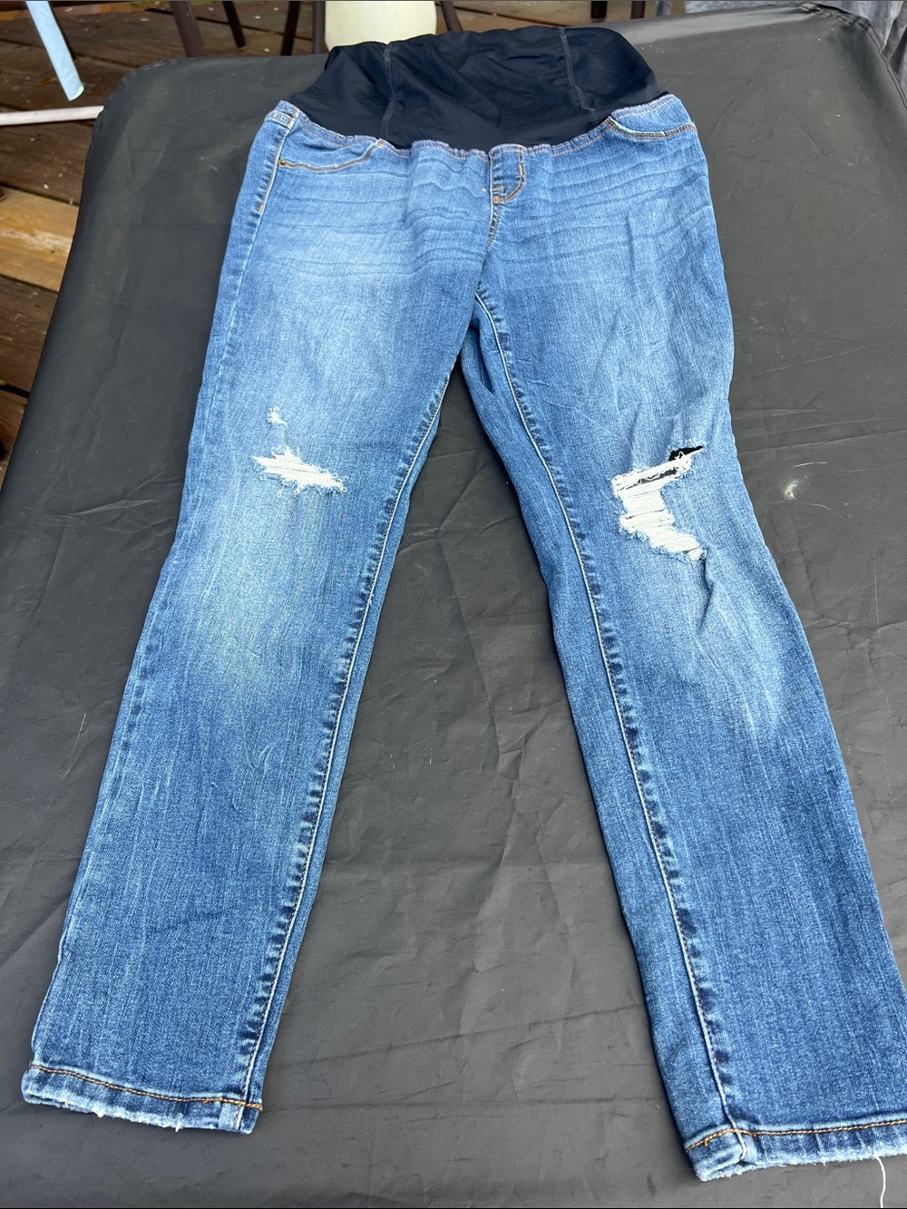 Maternity Distressed Straight-Leg Jeans in Blue with Stretch Panel